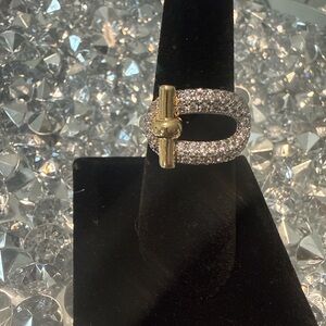 Gold Tone Pave Buckle Ring Size 7 – Crystal Statement Ring Designer Inspired